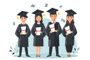 Cheerful young graduates flat illustration in mortarboards and bachelor gowns with diploma. Graduation ceremony concept in vector style. Congratulation the graduates in University.