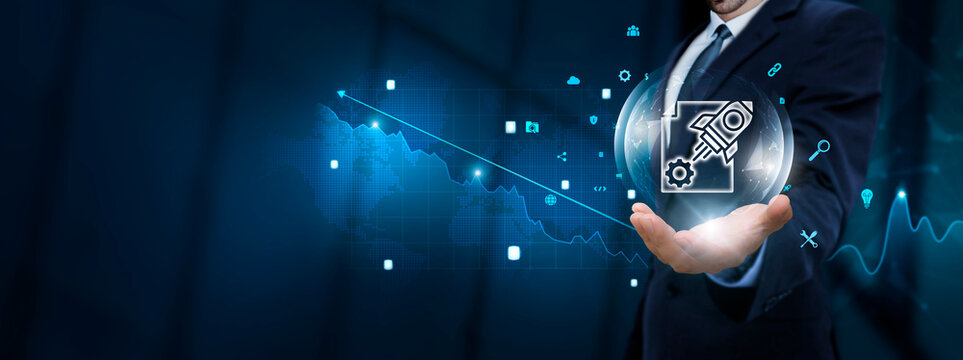 Project Management: Businessman Hand Holding Project Management Icon with Technological Icons. Planning and Organization, Resource Allocation, Team Coordination.