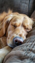 A dog with its eyes closed, peacefully sleeping on a cozy couch