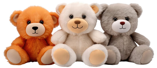 set of 3 stuffed animal toys isolated on a transparent background 