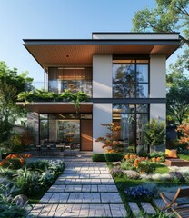 A modern two-story house with a beautiful garden