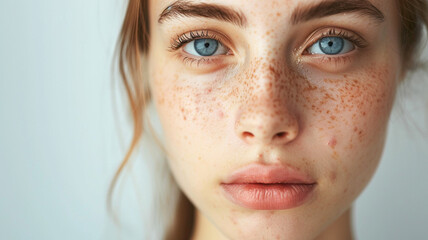  Close-up portrait of beautiful blue eyed girl with freckles on a white background.

