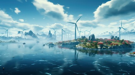 Fantasy Landscape with Wind Turbines in the Sea.
