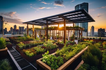 Fototapeta premium A Green Oasis on the Rooftop: An Urban Farm Amidst the Steel and Glass Towers of a City at Dusk