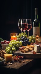 Fototapeta premium An arrangement of wine, cheese, grapes, and crackers on a wooden table