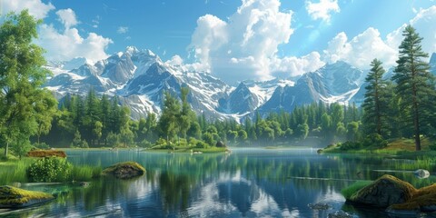 Fototapeta premium Mountains, lake and trees landscape