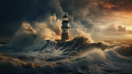 Stormy sea with lighthouse at sunset.