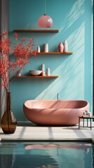 Pink bathtub in a blue bathroom with a large plant