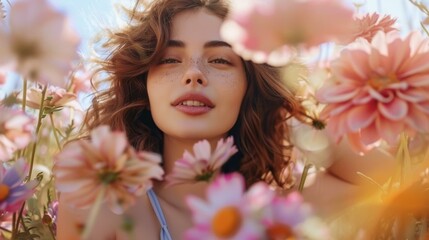 Fototapeta premium Close-up portrait of a beautiful young woman with freckles on her face, standing in a field of flowers