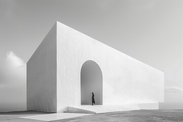 A person standing in front of a large, white, concrete archway.