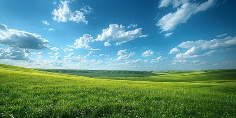 Obraz premium Green rolling hills under a blue sky with white clouds