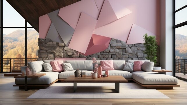 Modern living room interior with pink and gray geometric wall and large windows