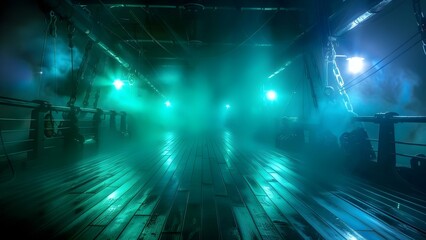 Ghostly Encounter on a Ship Deck: Beware of the Green Fog and Computer Ships. Concept Paranormal Activity, Ship Mysteries, Haunted Ship Deck, Green Fog, Computerized Ships