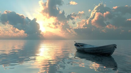 boat on calm water with sunset and clouds