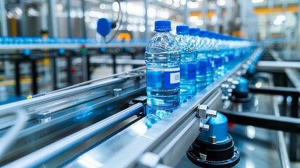 Beverage bottling production line in hygienic factory setting with plastic bottles