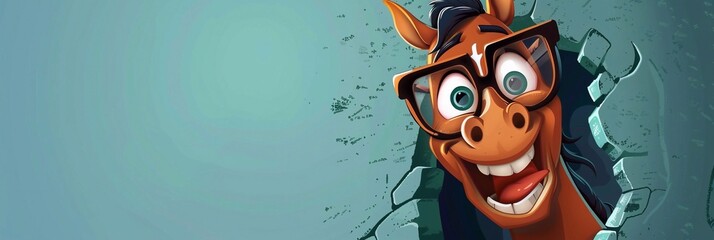 Crazy horse in glasses looking through hole in green blue wall smiling cartoon illustration