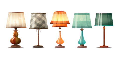 Set of different decor styles of retro vantage and modern bedside nightstand lighting table lamp for interior decoration furniture isolated on a transparent background