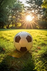 Fototapeta premium A soccer ball sits on the grass in a park with trees and sunlight