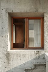 Fototapeta premium Small wooden-framed window on a rough concrete wall