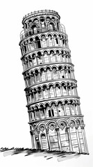 Black and white line drawing illustration of the Leaning Tower of Pisa