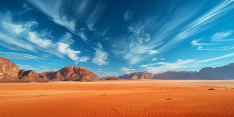 Beautiful desert landscape with red sand dunes and blue sky with white clouds