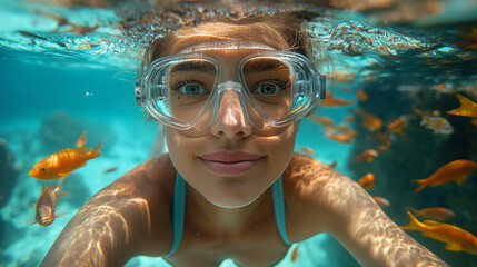 Naklejka premium Portrait of happy woman snorkeling in red sea surrounded by orange tropical fishes.