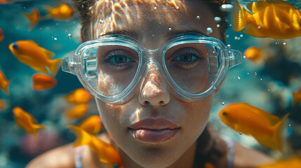 Portrait of happy woman snorkeling in red sea surrounded by orange tropical fishes.