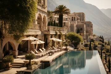 A beautiful villa with a swimming pool overlooking the mountains