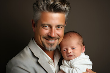 man with greying hair and a beard holds a baby. The man is wearing a grey suit and white shirt.