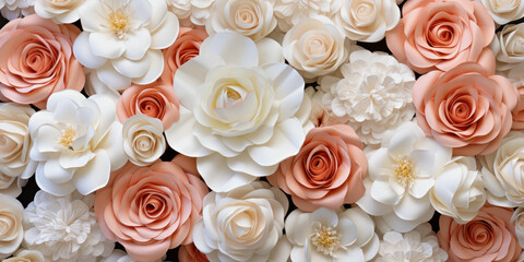 wall of artificial paper flowers in shades of white and peach