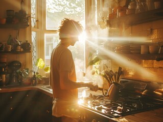 Man making coffee in the morning sunlight