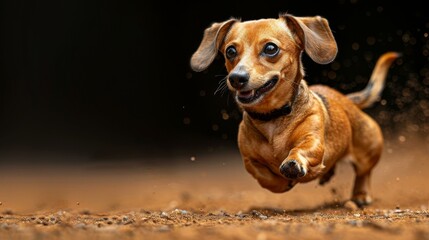 A happy brown dachshund dog is running in the sand