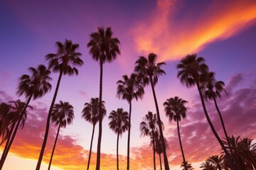 Obraz premium Palm trees at sunset in a tropical setting