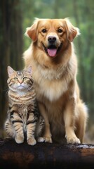 A Golden Retriever and a tabby cat sitting on a log