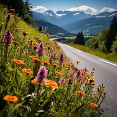 Fototapeta premium Road through a field of wildflowers with mountains in the distance