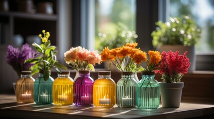 colorful glass vases with flowers on a wooden table