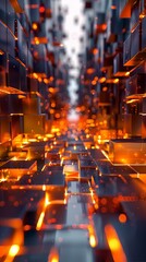 Abstract 3D rendering of a futuristic city with glowing orange cubes and reflections
