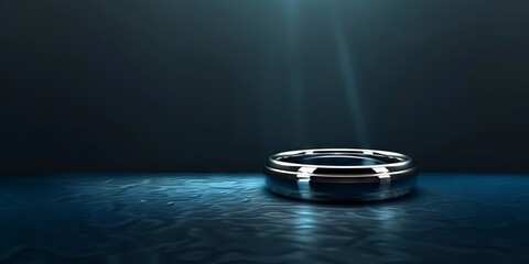 A silver ring on a dark background with light shining through.