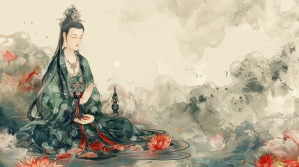 An illustration of a Chinese goddess sitting on a lotus flower