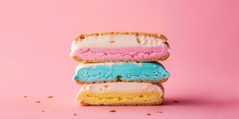 A stack of three ice cream sandwiches with pink, blue, and yellow ice cream