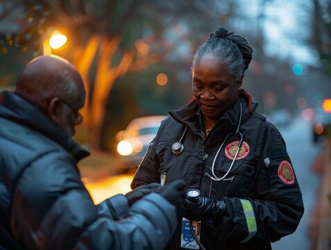 Black female paramedic talking to a patient