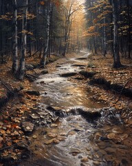 A beautiful landscape painting of a forest stream in the fall