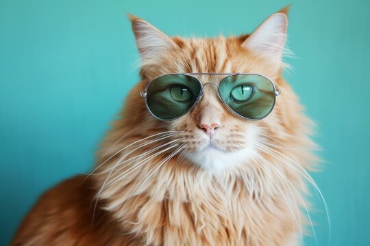 A ginger cat wearing aviator sunglasses