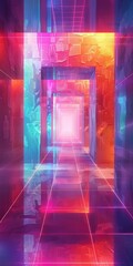A long brightly lit futuristic sci-fi corridor