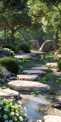 Fototapeta premium Stepping stones in a lush green Japanese garden with a small stream running through it