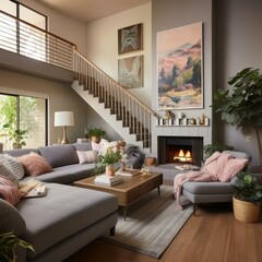 A cozy living room with a fireplace, sofa, coffee table, rug, plants, and artwork on the walls