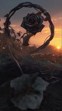 A thin wire tangled tightly around shiny ivy. a falling Black Rose lying on the ground, sunset in the park