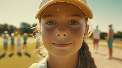 Joyful young caucasian boy at golf training session smiling for camera on lush golf course