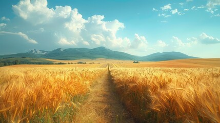 A long, narrow path winds through a field of tall golden grass