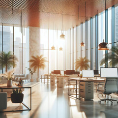 Modern office interior with city view and daylight. 3D Rendering